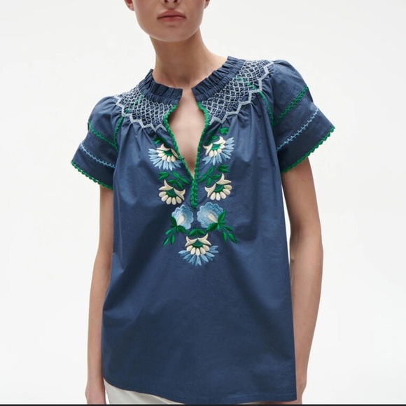 FIGUE Rosie Embroidered Top Women’s L Blue Slate Navy Smocked Cotton Feminine - Picture 1 of 11